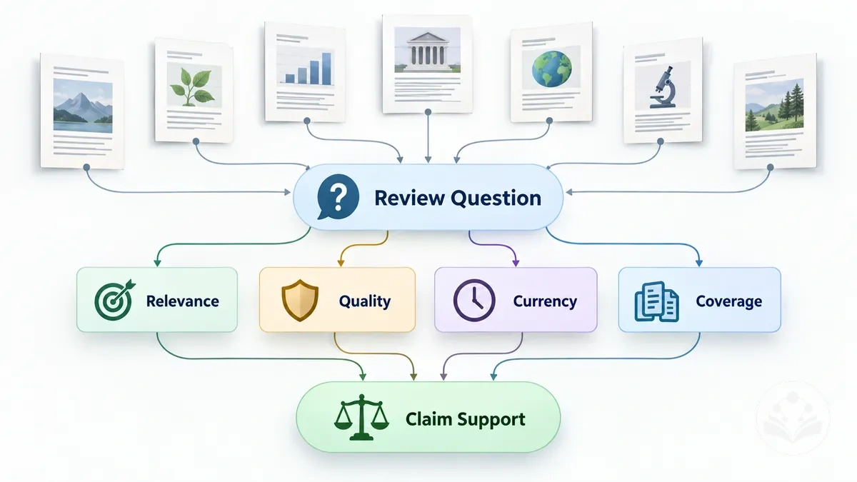 أبعاد اختيار الأدلة لمقالات المراجعة وتشمل الصلة والجودة والعملة الزمنية والتغطية
