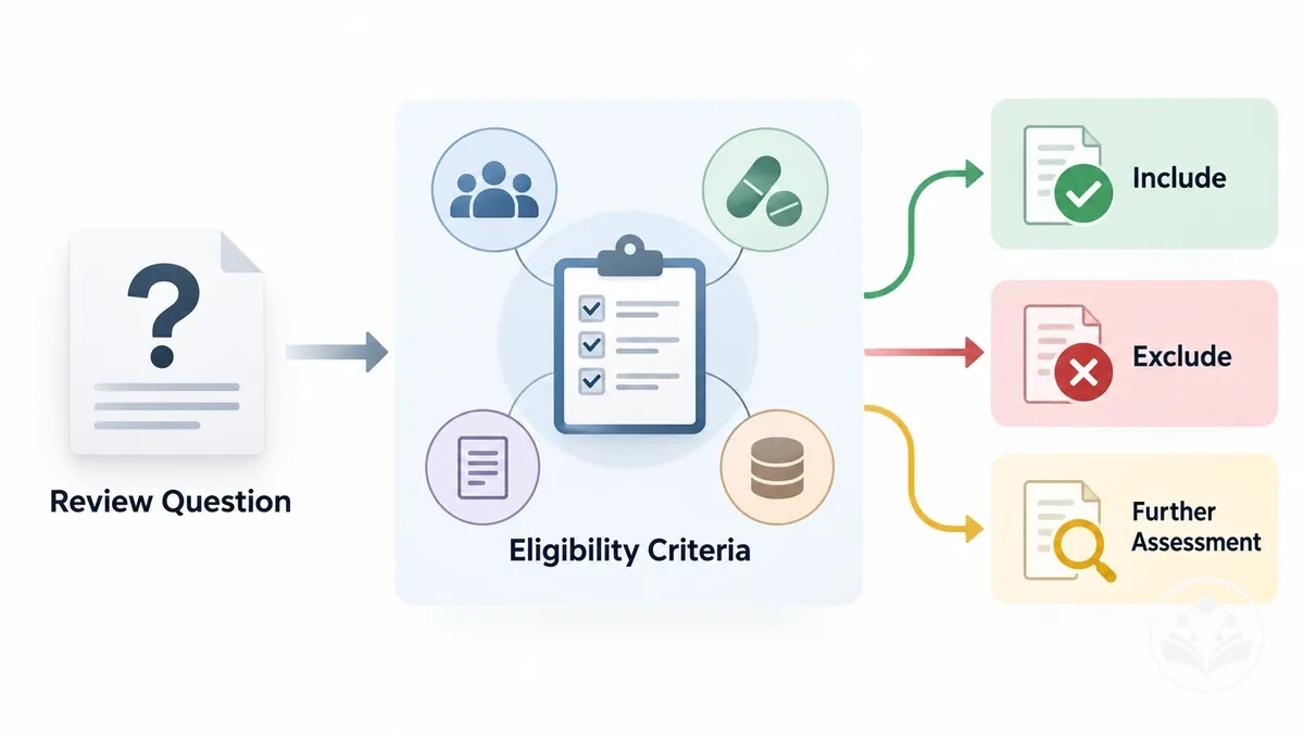 Ein- und Ausschlusskriterien, die die Review-Frage mit den Entscheidungen zur Studieneignung verbinden