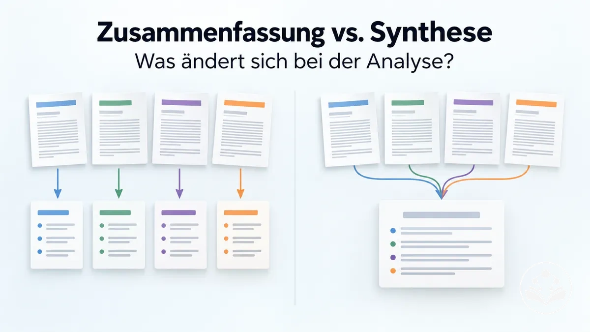 Vergleich zwischen der Zusammenfassung von Quellen und der Evidenzsynthese in einem Übersichtsartikel