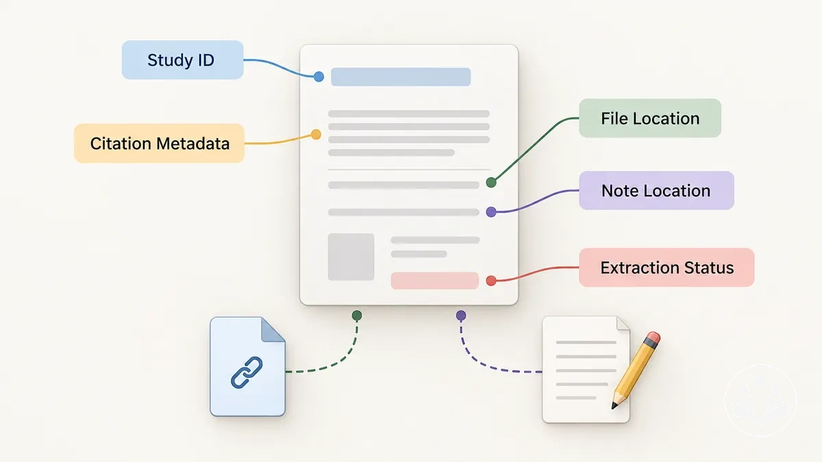 Annotated study record with identifier, citation metadata, file location, notes, and extraction status.