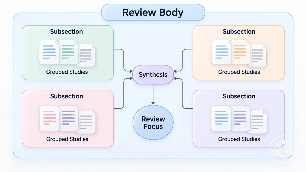 Literature review body divided into connected subsections that group related studies