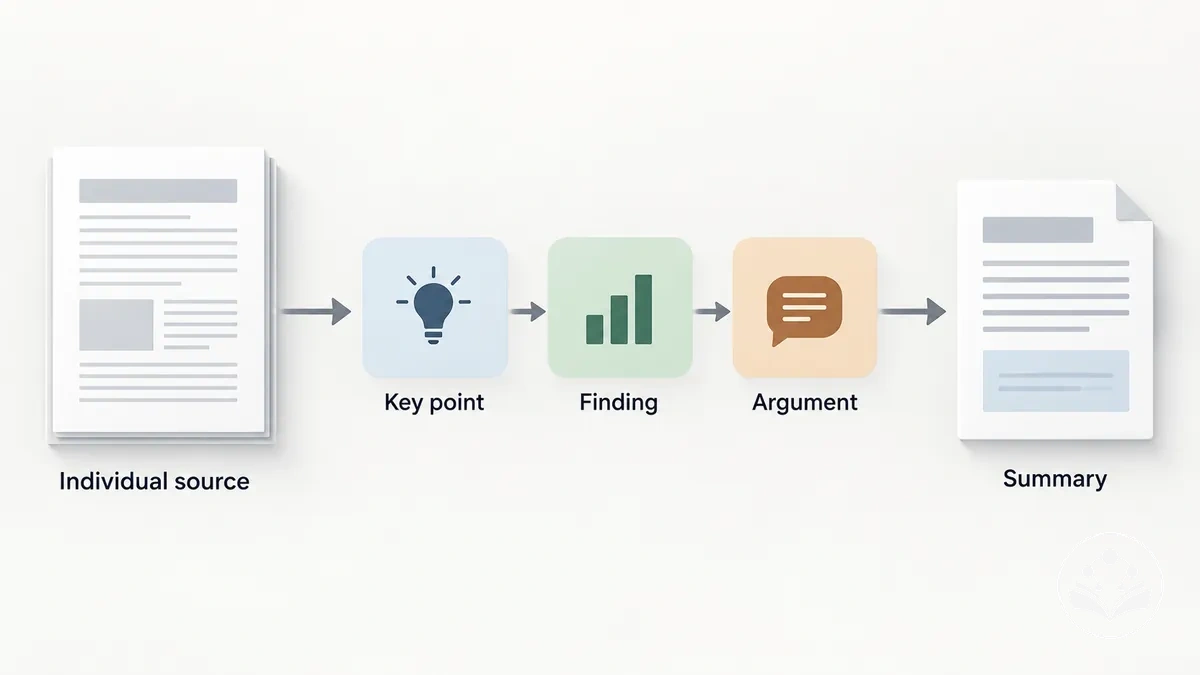 Illustration of one research source condensed into its relevant findings for a review article.