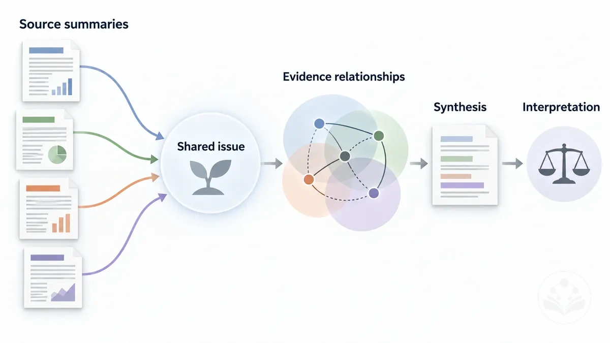 Diagram showing the shift from separate source summaries to issue-led synthesis and interpretation.