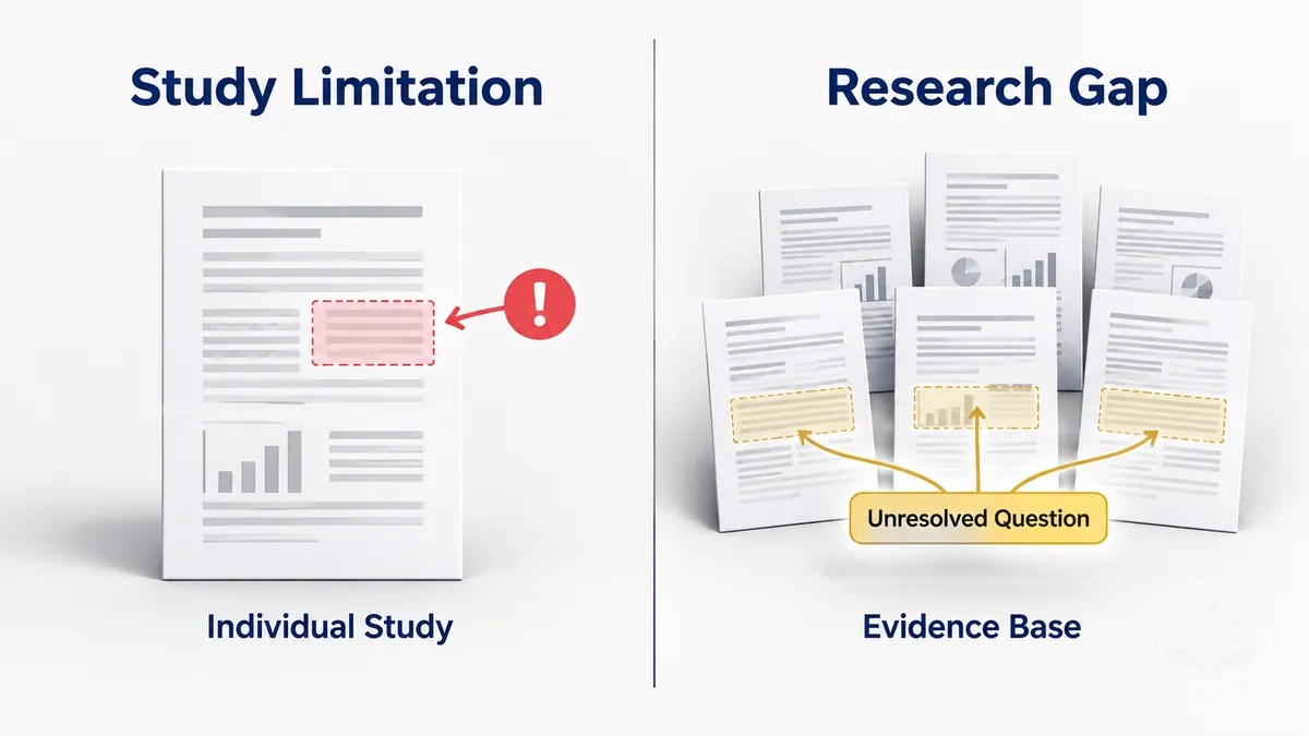 Study-level limitation contrasted with an unresolved research gap across the wider evidence base