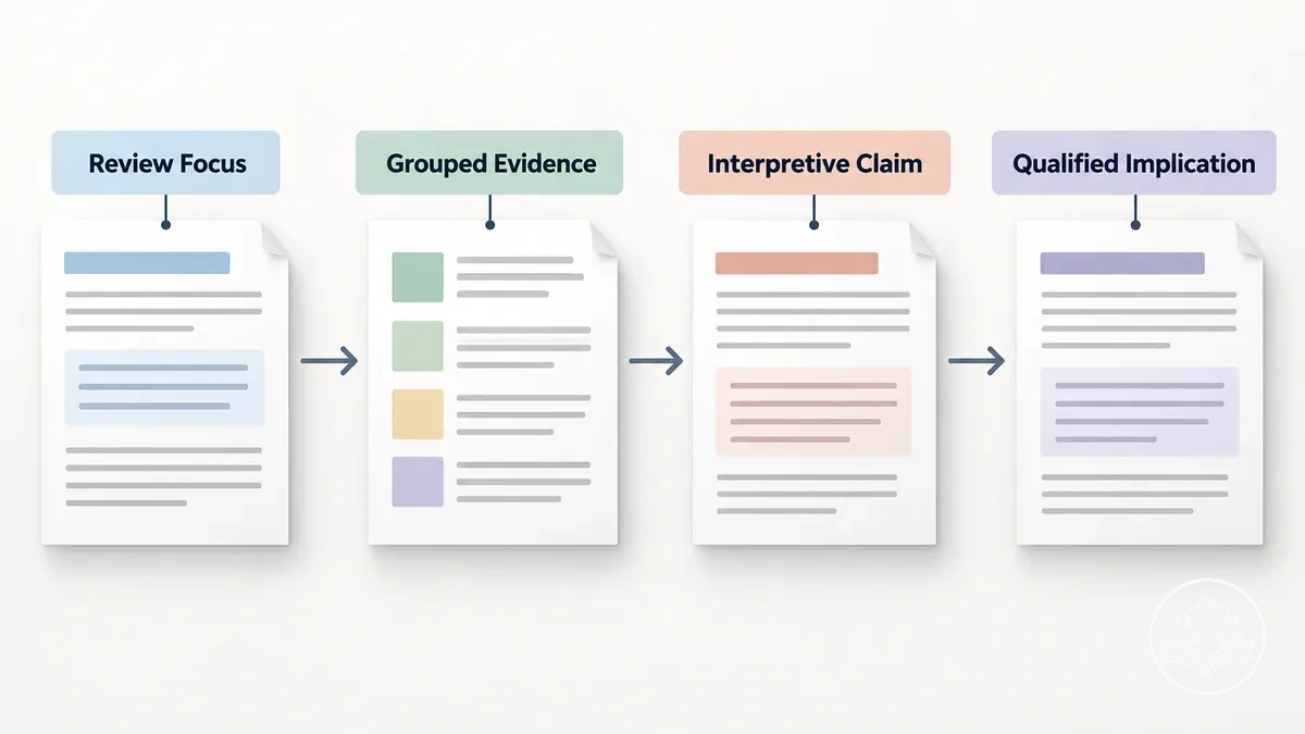 Annotated review article example showing how framing, evidence, interpretation, and argument connect
