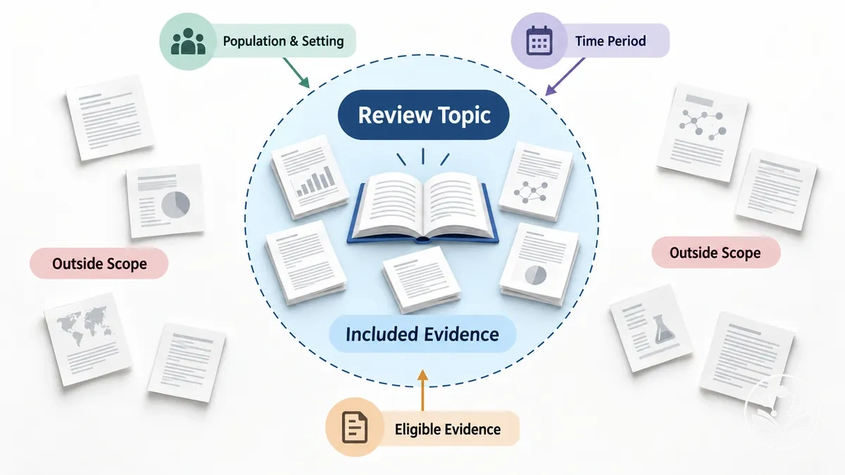 Review article scope showing topic, population, time, and evidence boundaries