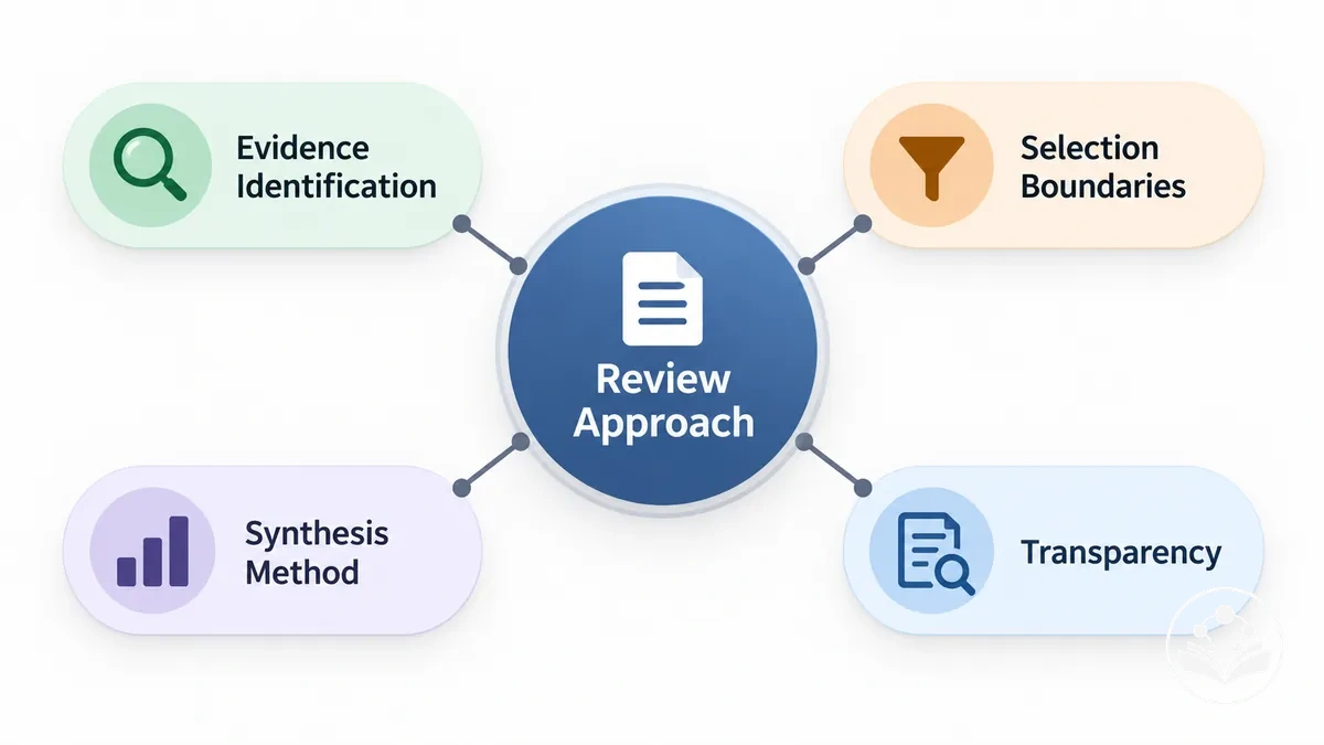 Diagram showing a chosen review approach connected to evidence identification, selection boundaries, synthesis method, and reporting transparency