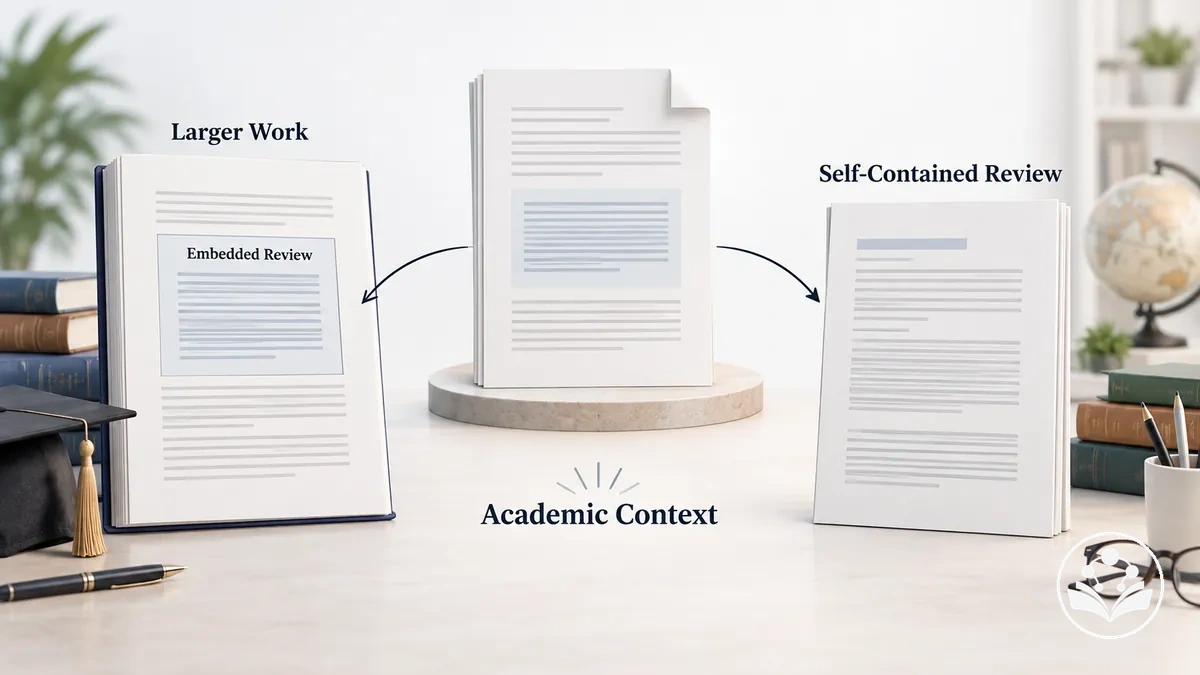 Embedded and self-contained reviews shown in different academic and publication contexts