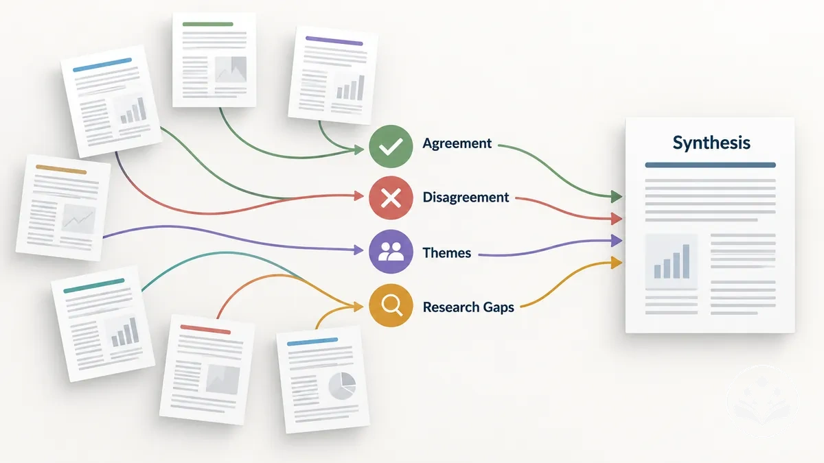 Multiple research studies connected through agreements, differences, themes, and gaps into a review article synthesis