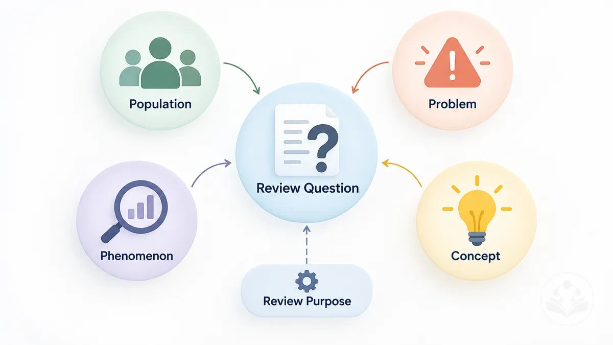 Labeled illustration showing population, problem, phenomenon, and concept as possible focal subjects of a review question.
