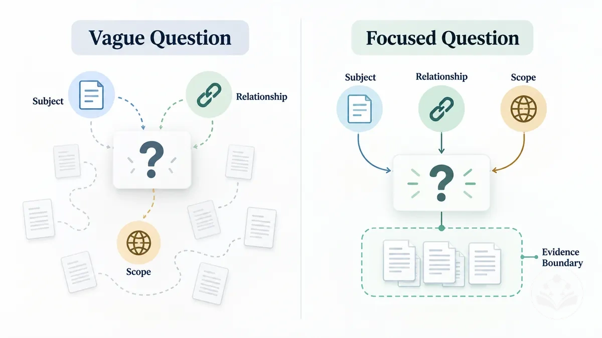 Comparison graphic showing a vague review question beside a more specific and focused review question.