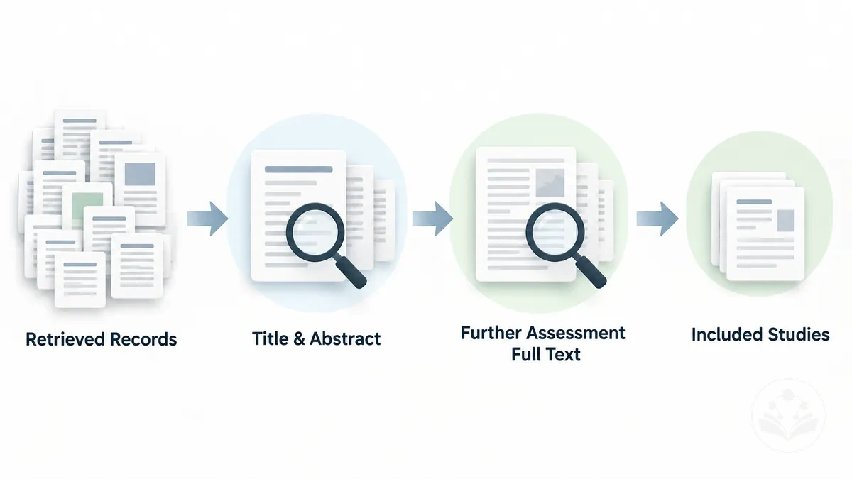 Two-stage study screening from title and abstract review to full-text assessment