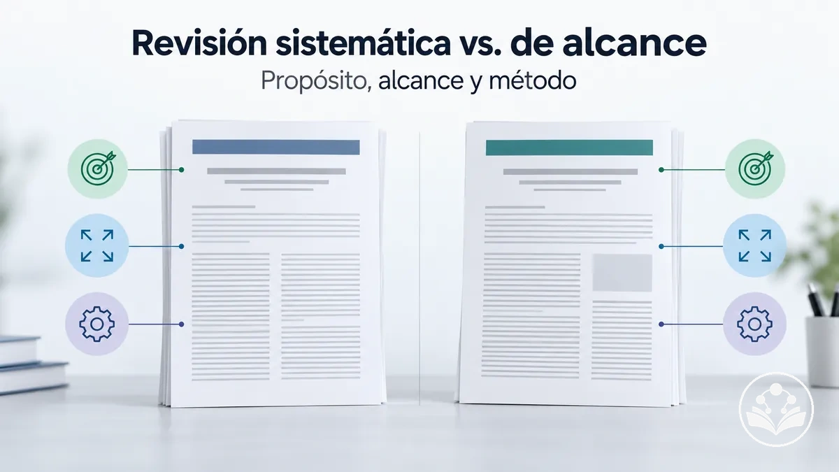 Comparación entre revisión sistemática y revisión de alcance según propósito, alcance y método