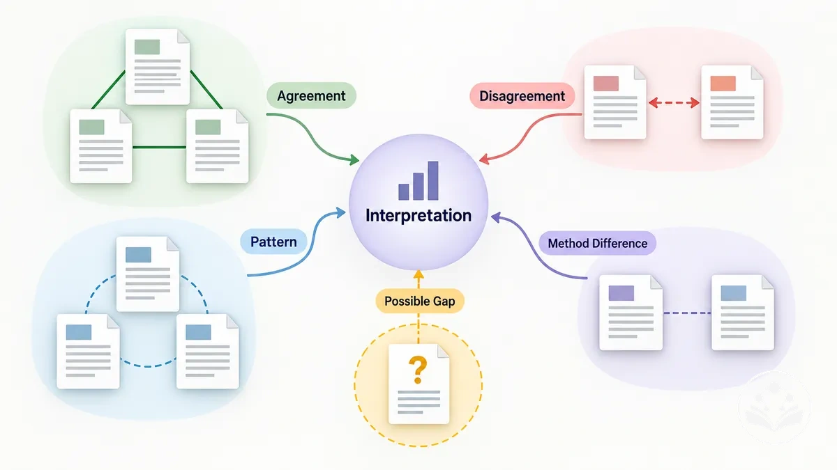Diagrama que muestra estudios conectados por patrones, coincidencias, discrepancias y una laguna de investigación sin resolver en la síntesis de un artículo de revisión