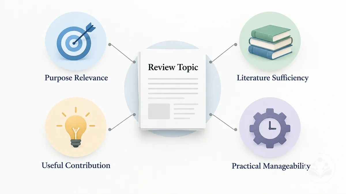Criterios de factibilidad para evaluar un tema de artículo de revisión, que incluyen relevancia, respaldo bibliográfico, contribución y limitaciones prácticas.