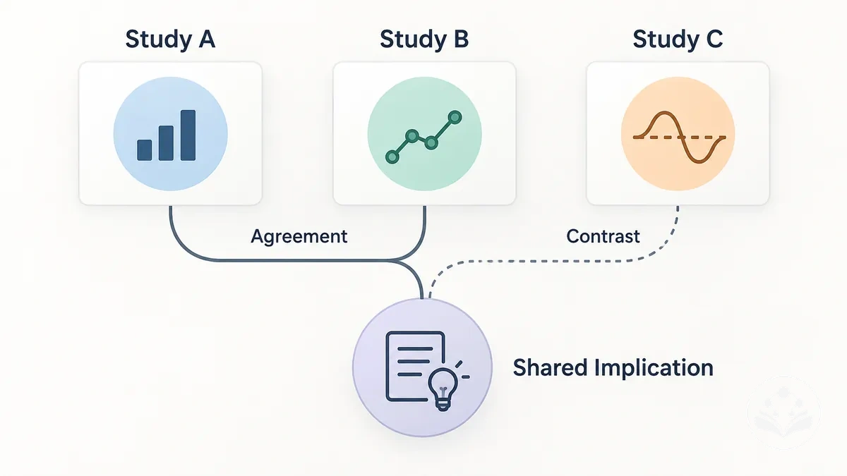 Diagrama que conecta los hallazgos de los estudios de un artículo de revisión mediante concordancia, contraste y una implicación compartida