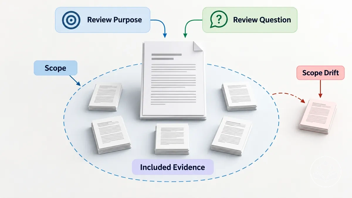 Diagrama que muestra un propósito de revisión alineado con los límites de alcance definidos y la evidencia incluida en un artículo de revisión