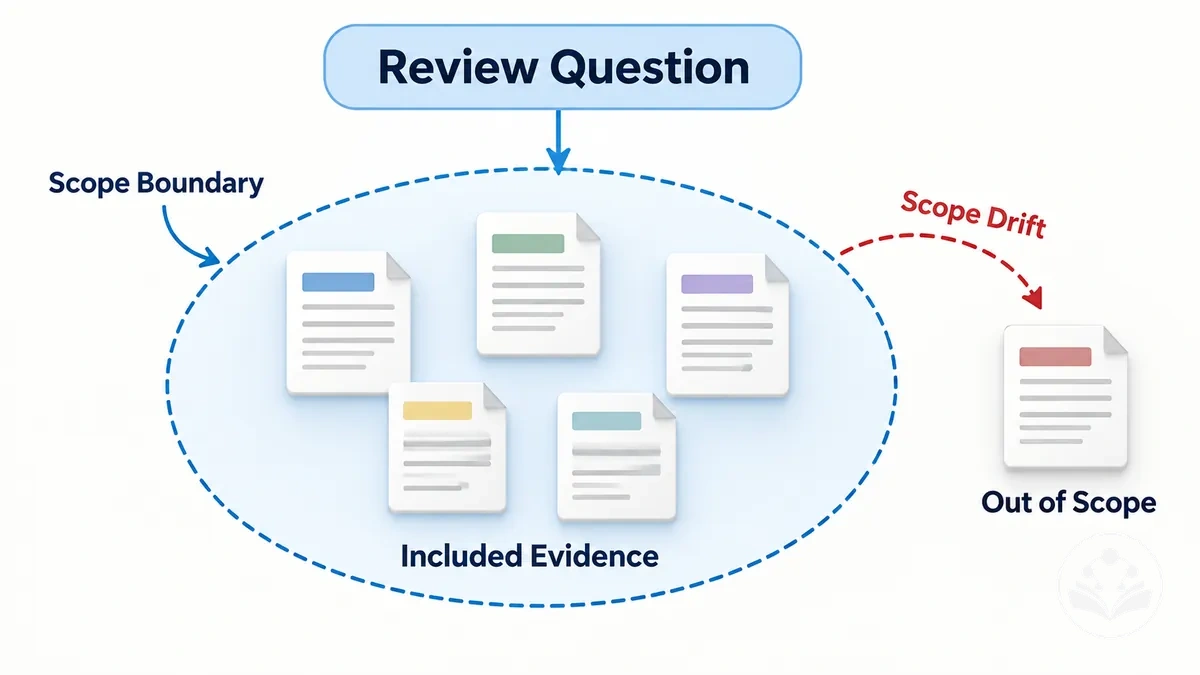 Diagrama que muestra una pregunta de revisión que define los límites del alcance en torno a la evidencia incluida, con un ejemplo fuera del alcance situado más allá del límite