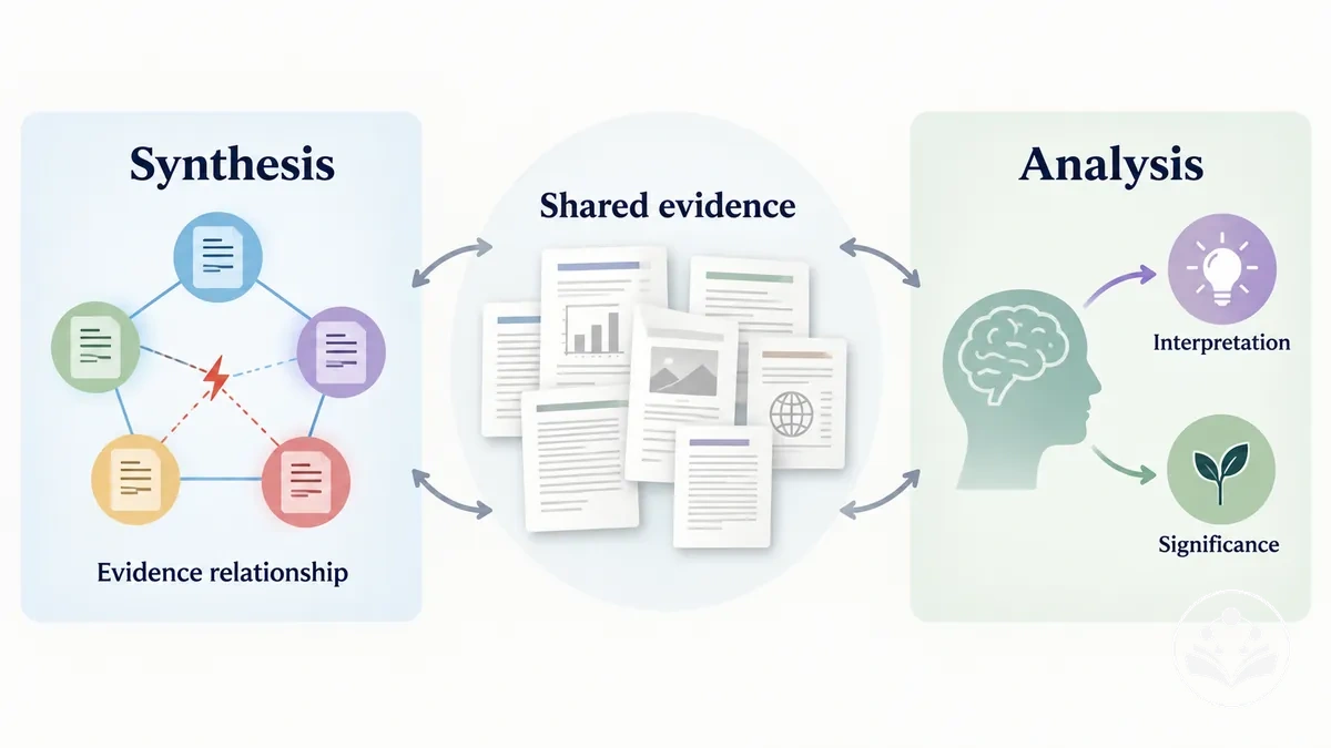La síntesis conecta la evidencia entre fuentes mientras que el análisis interpreta por qué esas conexiones importan.