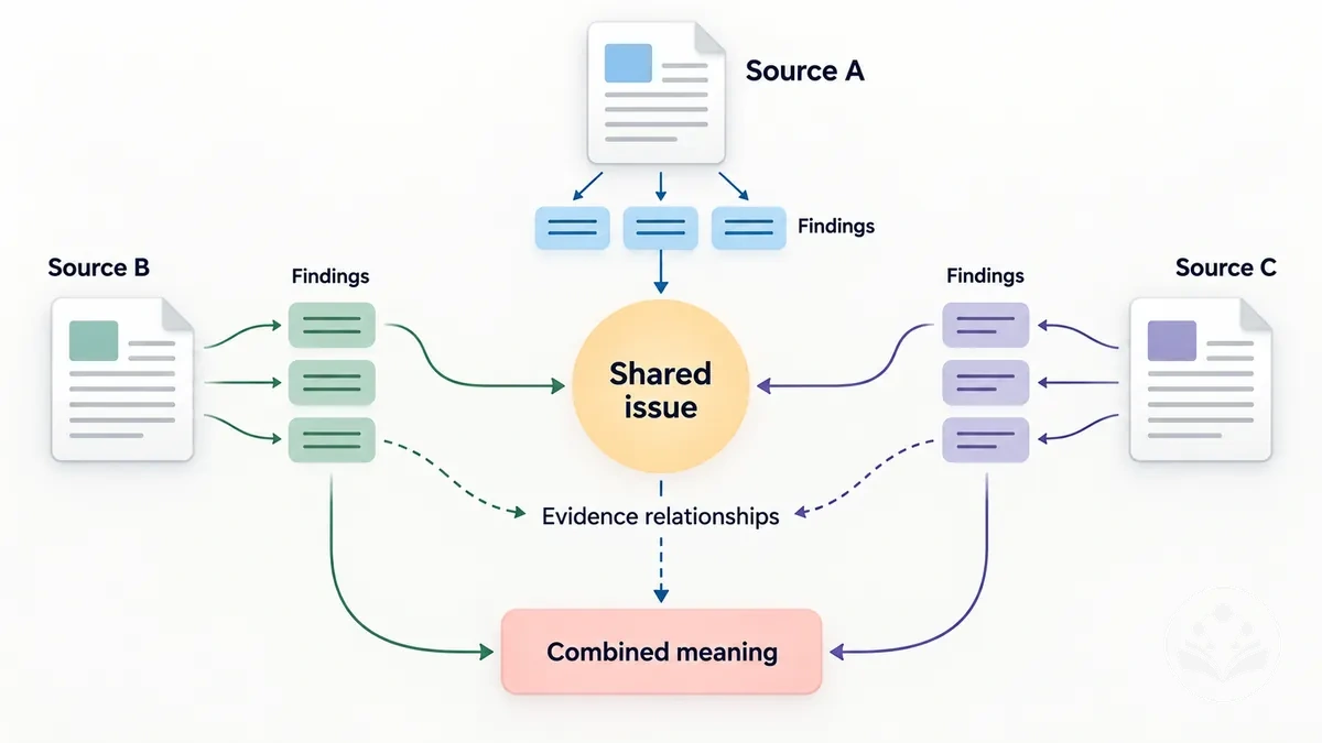 Diagrama que muestra varias fuentes de investigación conectadas en torno a un tema compartido para formar una síntesis.