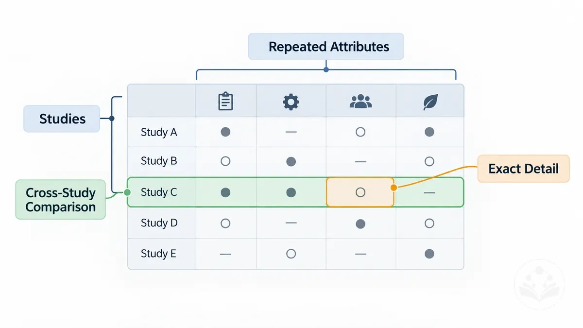 Ejemplo anotado de atributos de estudio repetidos alineados para la comparación entre estudios