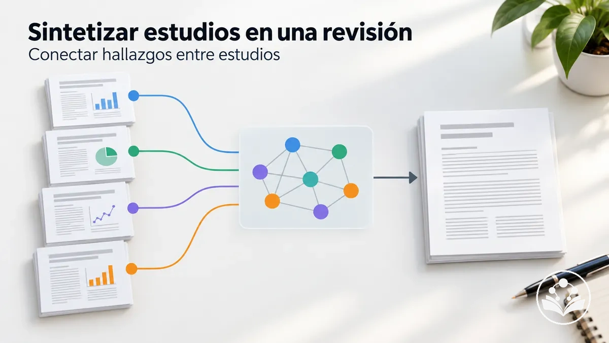 Proceso de síntesis de la evidencia que conecta hallazgos de distintos estudios en un artículo de revisión