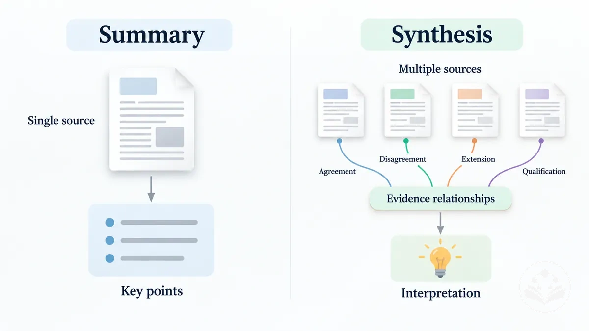 Comparaison du résumé et de la synthèse selon l attention portée à la source, les relations entre les données probantes et l apport analytique.
