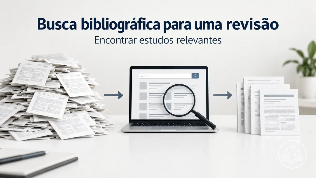 Processo de busca bibliográfica para encontrar estudos relevantes para um artigo de revisão
