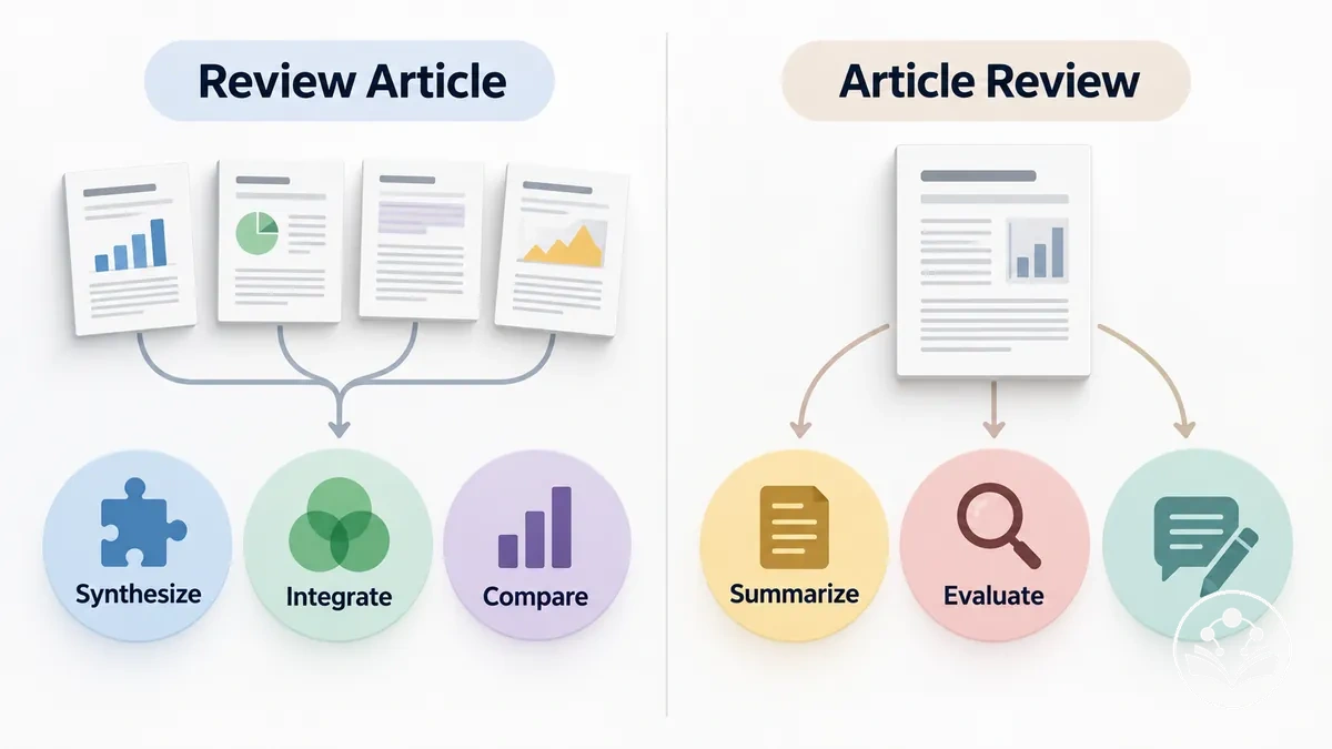 Comparação do trabalho analítico entre síntese entre estudos em um artigo de revisão e avaliação de um artigo em uma resenha de artigo