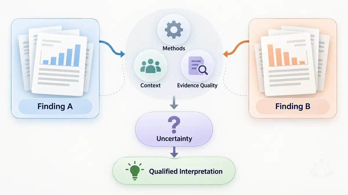 Diagrama mostrando evidência conflitante da revisão avaliada por meio de métodos, contexto e incerteza antes de formar uma interpretação qualificada