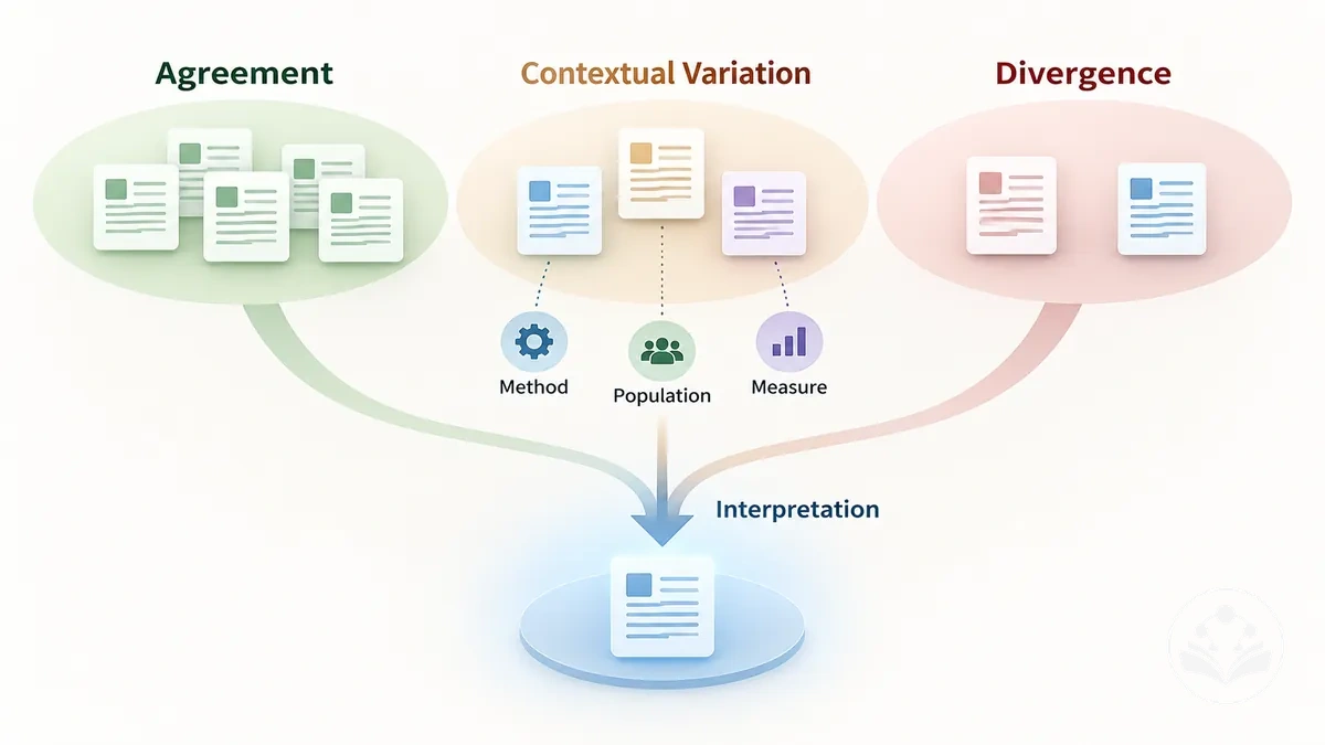 Diagrama mostrando concordâncias e diferenças entre a evidência revisada sob diferentes métodos, populações, medidas e condições