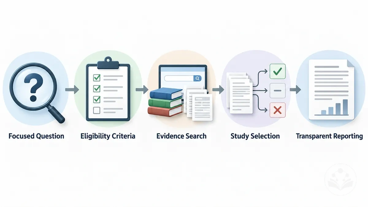Revisão sistemática para uma pergunta focada usando critérios de elegibilidade explícitos, identificação de evidências e métodos de seleção de estudos